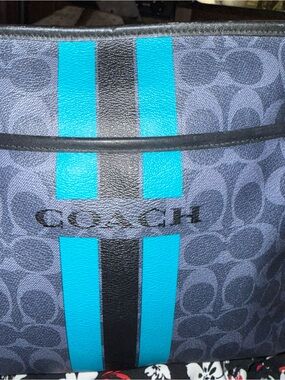 Coach Unisex Signature Tote with Turquoise Racing Stripes